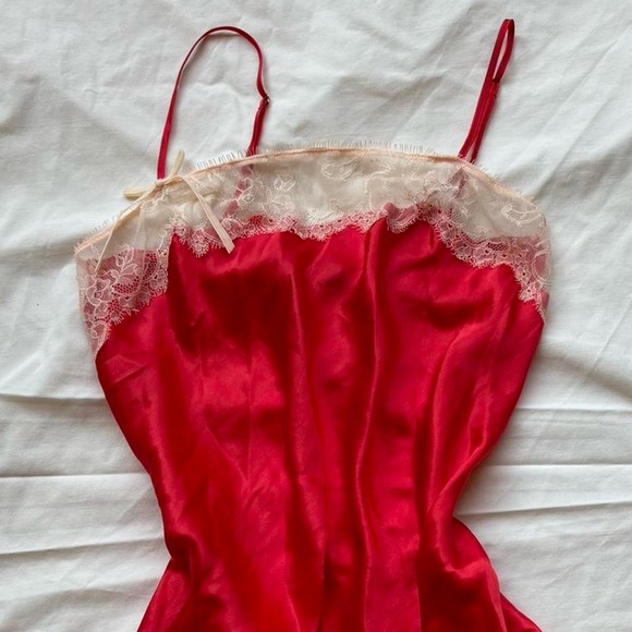 victoria’s secret red satin slip dress pink white floral lace & bows mini dress - Picture 3 of 3